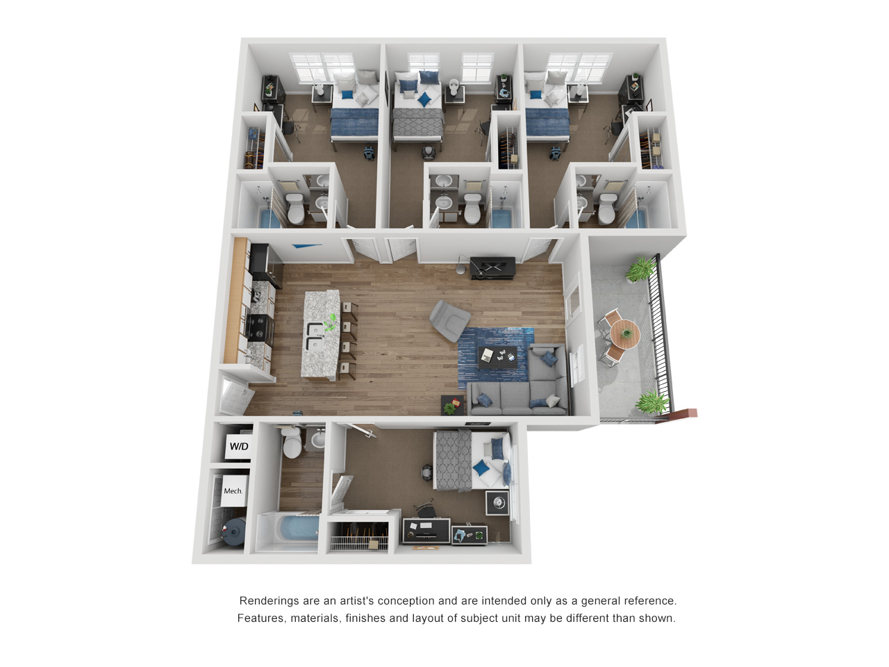 Floor plan of a four bed, four bath student apartment